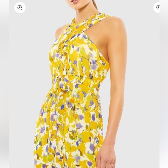 NWT Mac Duggal Ieena Yellow Crossed Halter Tie Waist Jumpsuit floral print Sz 6 - Picture 2 of 15